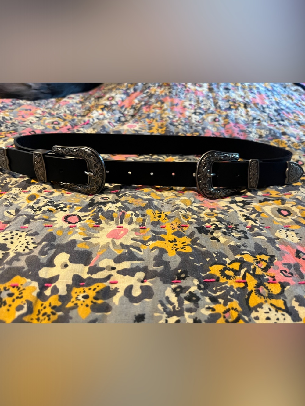 Black Western Double Buckle Belt with Engraved Silver Hardware